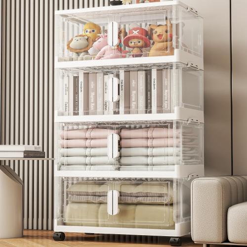 Clear Storage Bins with Lid, Collapsible Storage Bin with Wheels, 5 Packs Plastic Storage Bins, Closet Organizers and Storaging, Open Front Stackable Storage Bins for Closet Clothes