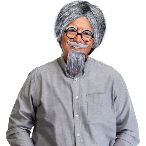 WILLBOND Old Man Cosplay Costume Grandpa Wig Set with Glasses, Grey Wig Eyebrows and Mustache for Halloween Cosplay Party