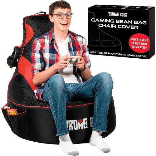 Throne Boss Gaming Bean Bag Chair Cover for Adults with High Back, Red – Large Floor Gaming Chair Cover, Easy to Clean Fabric, Large Pockets, Headphone Hanger, Requires 350 Liters Polystyrene Beans