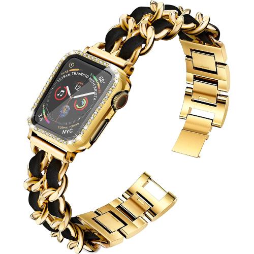 Mosonio Compatible  Apple Watch Band 46mm with Screen Protector Case Women, Jewelry Metal Chain with 2P Bling Case Cover for iWatch Series 11 10(Gold Link with Black Leather)
