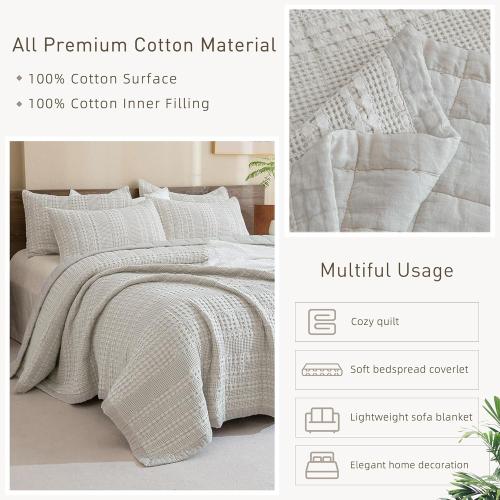 CozyTide Oversized King Quilt 120x120,100% Cotton Waffle Weave Khaki Bedspread,3 Piece Ultra Soft California King Quilted Coverlet Set Farmhouse Shabby Bedding Set