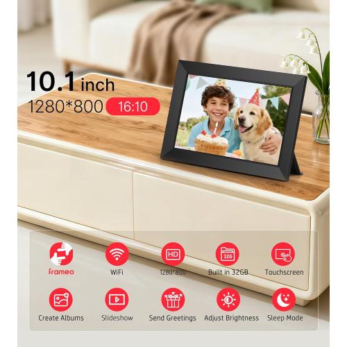 BIGASUO Digital Picture Frame, 10.1 Frameo Digital Frame WiFi with 32GB Memory, 1280x800 IPS Touch Screen, Send Photos/Videos from Your Phone Anywhere, Photo Gifts for Parents and Grandparents