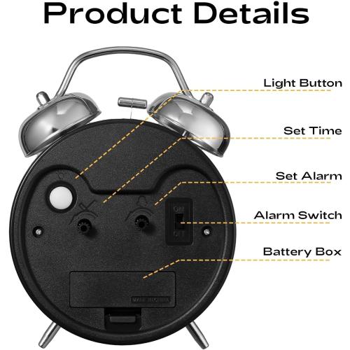 AKCISOT Loud Alarm Clock for Heavy Deep Sleepers, 4.5 Inches Analog Metal Twin Bell Clocks Battery Operated with Backlight for Bedroom Beside, Old Fashioned for Home Desk Decoration(Blue)