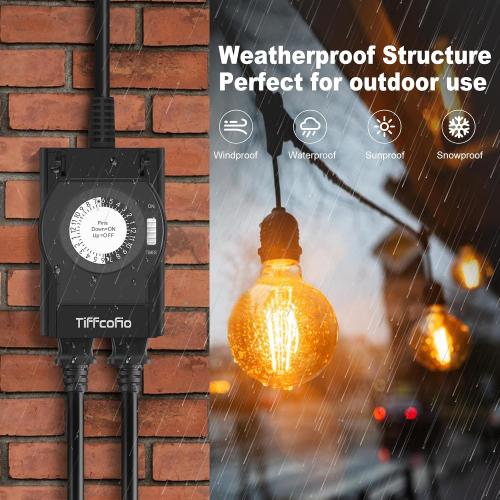 TiFFCOFiO Outdoor Timer Outlet Waterproof, 24 Hour Mechanical Light Timer Outdoor, 2 Grounded Outlets for Home and Garden, 15A 1/2HP, Heavy Duty, ETL Listed (1 Pack)