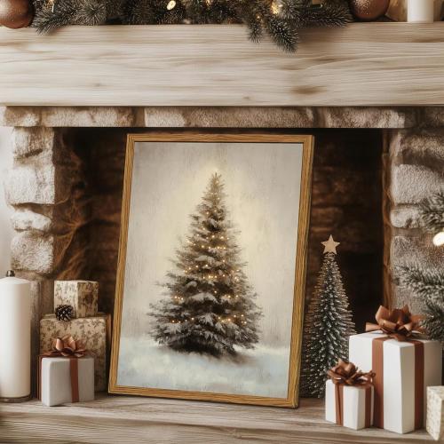 Vintage Christmas Tree Wall Art, Winter Holiday Botanical Wall Decor Paintings, Rustic Pine Tree Canvas Prints Artwork Picture for Farmhouse Mantel Bedroom Living Room  Wood Framed