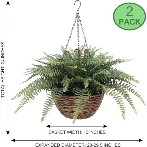 Artificial Boston Ferns Hanging Plants 2 Pack Fake Hanging Plants for Outdoors, UV Resistant Outdoor Hanging Faux Ferns Plants for Front Porch Indoor Décor