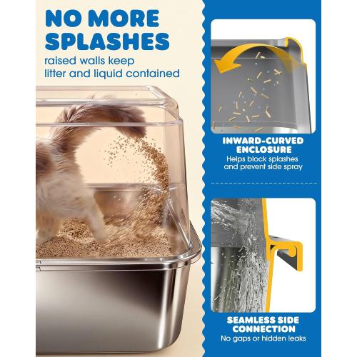 Powools Stainless Steel Cat Litter Box, High-Sided, Grey, XL (1 Pack) | Metal Litter Box with Scoop, Anti-Leakage Top Entry, Non-Sticky, Easy to Clean, 6-Inch Splash-Proof Deep Pan