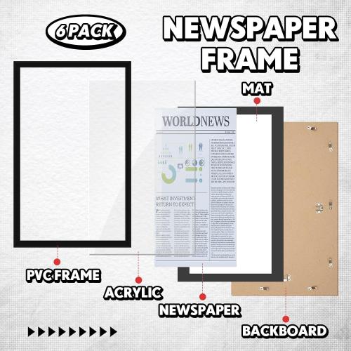 DoubleFill 6 Pcs 11x22 in Newspaper Frame with Mat Assorted Media Article Cover Frame with Hanging Hardware 14x24 in Newspaper Display Poster for Wall Decoration (Black Mat)