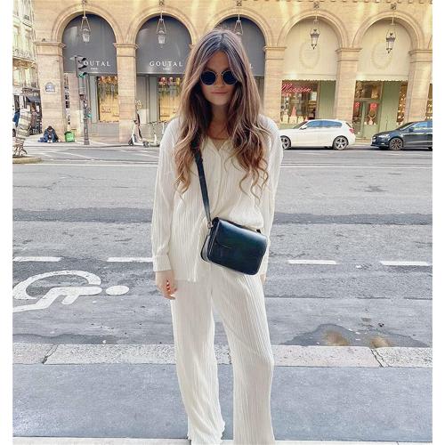 Medium Pleated 2 Piece Outfits for Women Long Sleeve Oversized Button Down Shirt Wide Leg Pants Sets Casual Loungewear