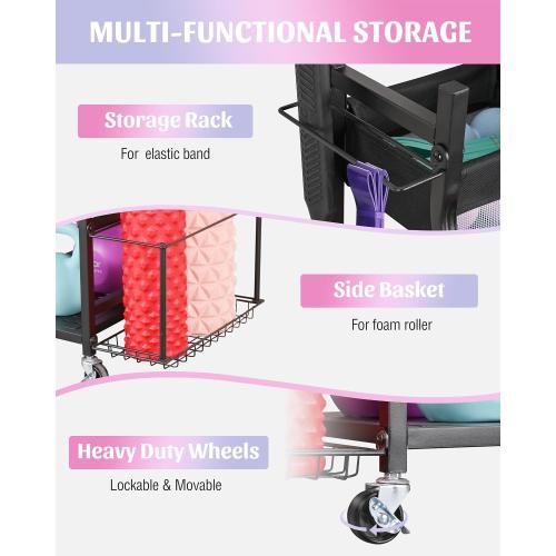 Mythinglogic Home Gym Storage Rack with Wheels for Dumbbells and Yoga Mats | Versatile storage with shelves, hooks and side holders for kettlebells, foam rollers, bands, weight plates and gym gear