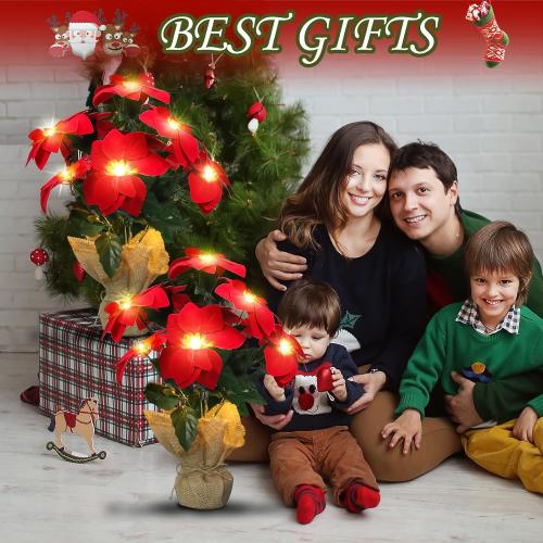 Christmas Decorations 20 Inch Pre-Lit Artificial Poinsettia Plant - 50 LED Lighted Faux Poinsettia Flowers Potted (Red,2 Pack)