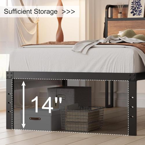 Maenizi 16 Inch Twin XL Bed Frames with Wood Headboard, Storage Bed Frame Twin XL No Box Spring Needed, Noise Free, Mahogany