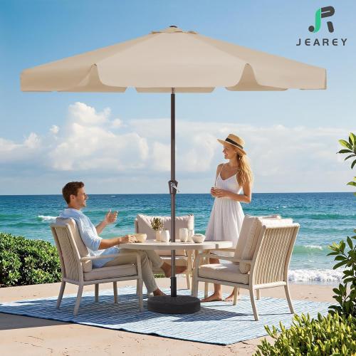 JEAREY 9' Outdoor Patio Umbrellas, Market Umbrella, Beige | 8 Sturdy Ribs, Tilt & Crank lift, Vented Canopy, Ideal for Garden, Deck, Backyard, Pool‼️missing pieces‼️