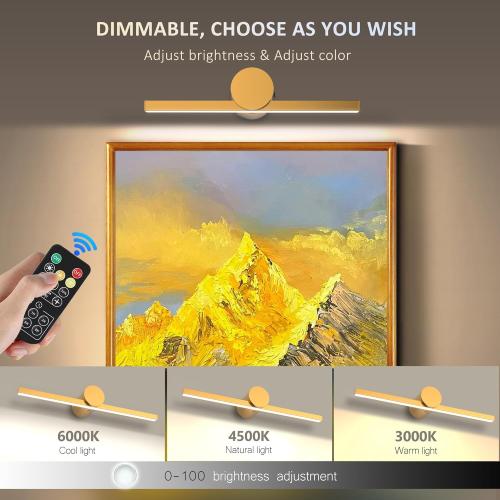 ZitoStory Battery Operated Picture Light with Remote,Wireless Dimmable Art Lights for Paintings Rechargeable Gallery Light Artwork Lighting for Canvas, Portrait (Gold,11.4'' Inch)