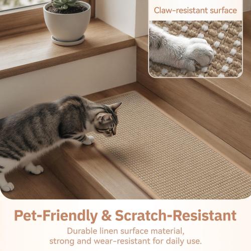 15PC Jute Stair Treads for Wooden Steps-Stairs Carpet Non Slip-Peel and Stick Stair Treads Indoor, Adhesive Staircase Step Treads Residue Free, Durable Natural Stair Runner Rug,8x30 Beige