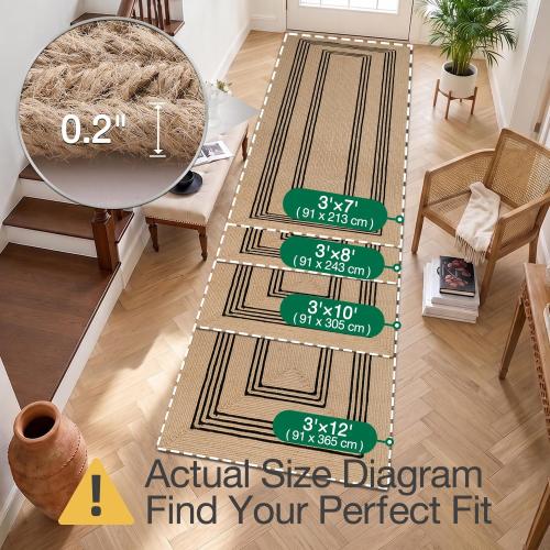 LUMI 3x7 Natural Jute Runner Rug, Braided Farmhouse Hallway Rug | Non Slip No Shedding Rustic Carpet, High Traffic Indoor Mat for Entryway, Kitchen & Laundry