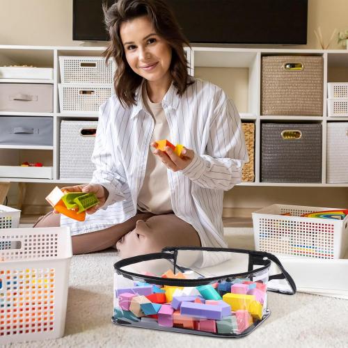 Talltalk 9 Pack 3 Sizes Toy Storage Bags with Labels, Clear PVC Reusable Board Game Storage Containers, Waterproof Toy Organizer Case with Zipper for Building Blocks, Puzzles, Stationery (Black)