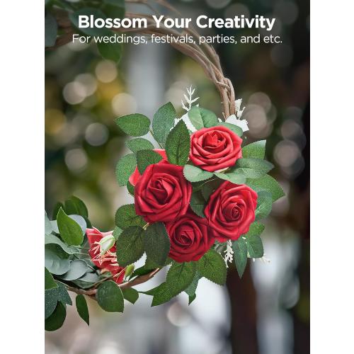 InnoGear Artificial Flowers, 50 Pcs Dark Red Foam Fake Roses Bulk with Stems for Decoration Celebration DIY Wedding Bouquets Centerpieces Bridal Shower Party Christmas Tree