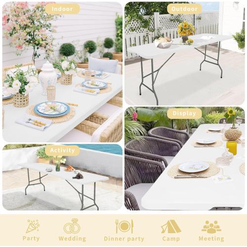 Set of 2 Folding Table 6 FT Lightweight Camping Table Portable Plastic Rectangular Outdoor Dining Table Steel Legs Fold-in-Half with Carrying Handle for Indoor,Picnic,Party,Wedding,Events(White)