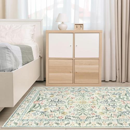 Morebes Floral Machine Washable Area Rugs 10x14 Vintage Boho Nursery Rug Girl Non-Slip, Flower Indoor Floor Throw Carpet for Living Room Bedroom Kitchen Playroom Home, White/Multi