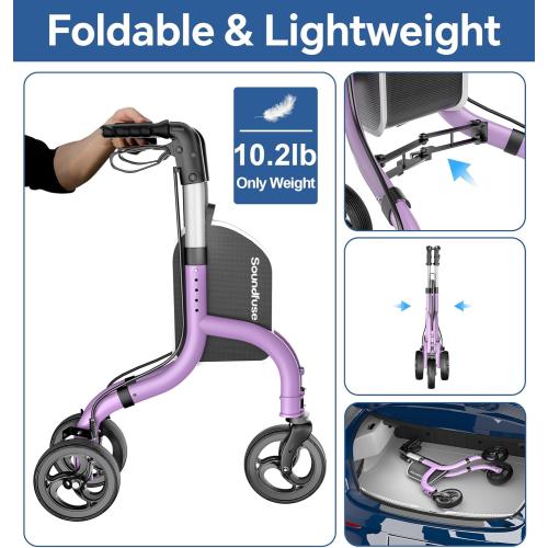 soundfuse Lightweight 3 Wheel Walkers for Seniors, Foldable Aluminum Frame | Weighs only 10.2lbs, Height Adjustable, Removable Storage Bag, Three Wheel Rollator Walker for Indoor and Outdoor Use