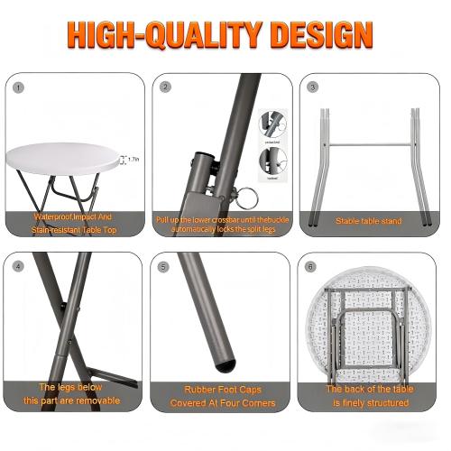 2PCS Cocktail Table 28in Folding Round High Top Indoor Outdoor with Removable Legs, Tall Bistro Foldable Bar Height Table for Parties, Patio, Backyard, Dining, Wedding, White