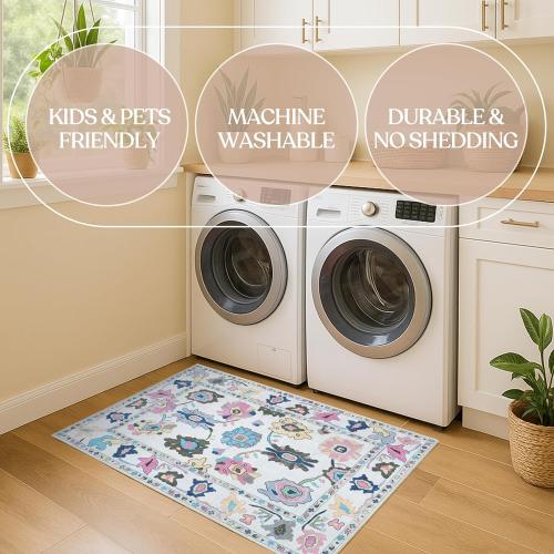 Fame Living Colorful Oushak Rug, Modern, Vintage, Turkish, Eclectic, Floral, Pastel, Washable, Large Area Rugs for Living Room, Dining, Bedroom, Girls, Boys, 7'5x9'8