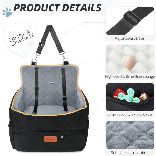 Small Dog Car Seat, Memory Foam Dog Booster Seats with Thick Cushion for Medium Dogs Under 35lbs, Detachable Washable Pet Car Seat Bed with Storage Pockets,2 Safety Belts