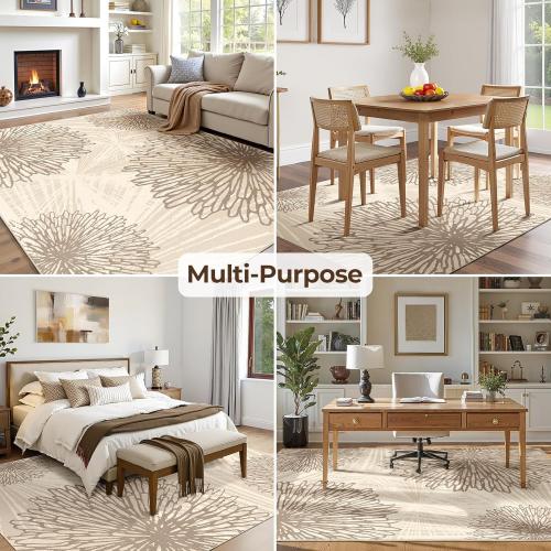 WITSHOCK 8x10 Area Rugs for Living Room: Beige Floral Washable Rugs for Bedroom Dining Room Office Nursery Modern Non-Slip Stain Resistant Low Pile Home Decor（Beige/Brown,8'x10'）