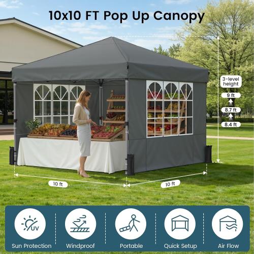 Raynesys Pop Up Canopy Tent with Sidewalls, 10x10ft 10 Person Party Tent One Push Setup, Portable Gazebo Outdoor Sun Shade for Events, Parties, Camping, Commercial, Silver Coated Top, Gray