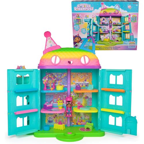 DREAMWORKS GABBY'S DOLLHOUSE, 14 Pc Celebration Dollhouse, 25-Inches Tall, with Toy Figures, Doll House Furniture & 10 Sounds, Kids Toys for Girls & Boys Ages 3