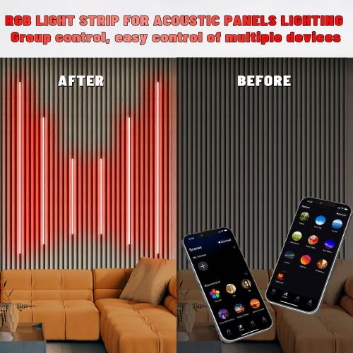 Lichaser RGB Black Smart Recessed Lighting for Acoustic Panel, 6 Pcs WiFi LED Strip Light for Wood Slat Wall Panel Compatible with Alexa, Self-Adhesive Smart LED for Slat Wall (2*36 2*24 2*16 in)