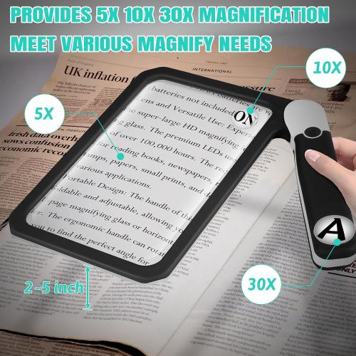 30X 10X 5X Large Magnifying Glass with Light, Rechargeable Foldable Full Book Page Magnifier, 48 LED Light Small Print Magnifier Sheet Lightweight for Low Visual Person and Seniors (Black)