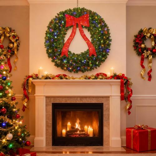 VINCONLIDY 48in Prelit Christmas Wreath - Large Outdoor Christmas Wreath with Lighted Red Christmas Bow, Metal Hook, 714 Branch Tips & 250 Multicolor LED Lights for Front Door Window Holidy Decor