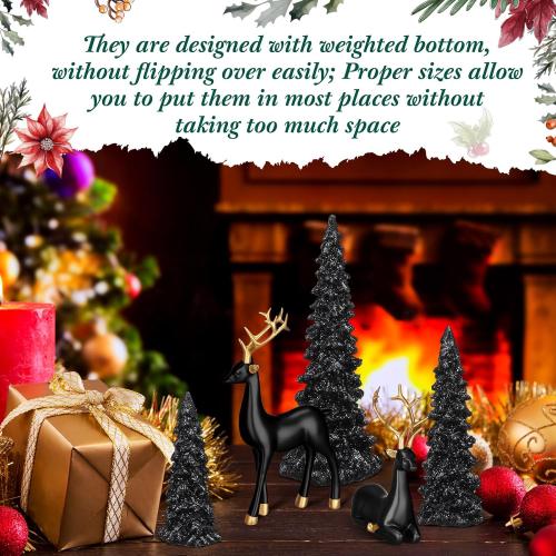 Pinkunn 5 Pcs Reindeer Christmas Decor and Trees Christmas Resin Sitting Standing Lucky Deer Reindeer Figurines for Tabletop Indoor Home Decorations Mantle Cabinet Desktop Office(Black)
