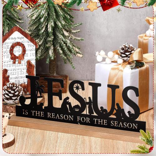 Pinkunn Metal Nativity Sets for Christmas Decorations Black Metal Nativity Scene with Wooden Base for Christmas Xmas Home Indoor Office Kitchen Table Shelf Mantel Tabletop Decor(Jesus)