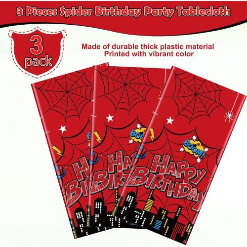 3Pcs Spider Birthday Party Tablecloth Decorations, Disposable Plastic Cartoon Spider Tablecloths Red Table Cover for Rectangle Table Boy’s Birthday Party Supplies, 54x108 inches