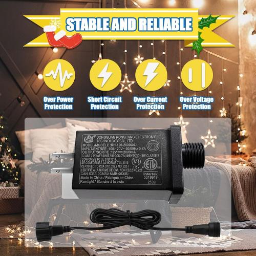 12V 2A LED Controller with Extension Cord, 24W Class 2 Power Supply Ip44 Low Voltage Transformer ，Replacement Model RH-120V2000U4-1 for Christmas String Light Inflatable Decorations (12V 2A 1PCS)