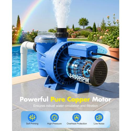 BluSwim 1.5 HP Self-Priming Pool Pump Max 6060GPH High Flow | 52FT Head Lift Energy Efficient, In/Above Ground Pool Pump with Hose Adapter, Boost Water Circulation & Filtration