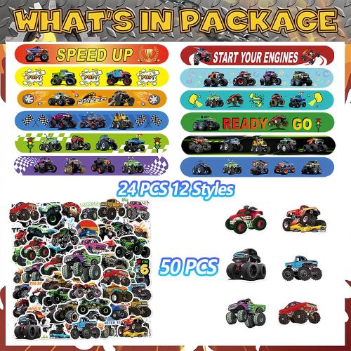 CZWXOXO 74Pcs Monster Car Theme Favors Contain 24 Pcs Slap Bracelets 50Pcs Stickers,Monster Car Theme Birthday Party Decorations,Classroom Rewards Supplies.
