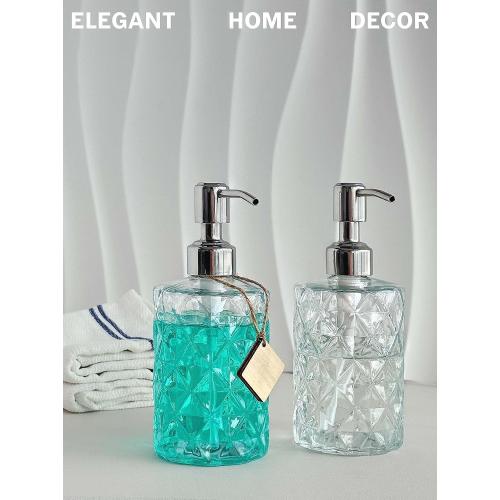 JASAI 2Pack Diamond Embossed Glass Soap Dispenser with 304 Rustproof Stainless Steel Pump, 12 OZ Bathroom soap Dispenser with A Wooden Tag, Elegant Hand Soap Dispenser for Bathroom & Kitchen