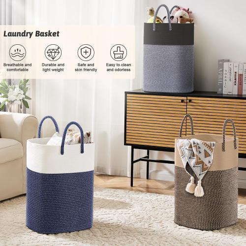 Laundry Basket,Woven Cotton Rope Laundry Hamper,Versatile Storage for Dirty Clothes,Baby Toys,and Blankets in Bathroom, Nursery,and Living Room (Blue, 40L)