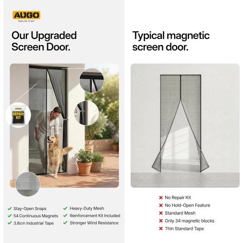 AUGO Magnetic Screen Door - Self Sealing, Heavy Duty, Hands Free Mesh Partition Keeps Bugs Out - Pet and Kid Friendly - Patent Pending Keep Open Feature - 38 Inch x 97 Inch