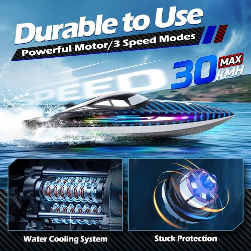 30KMH RC Remote Control Boat with 7 LED Light Modes Waterproof Electric Fast Speed Boat for Adults Kids 8-12 Lake Pool Water Play,Self-righting,Demo,Water Cooling,20Mins,Low Battery Alert,2.4Ghz,Blue