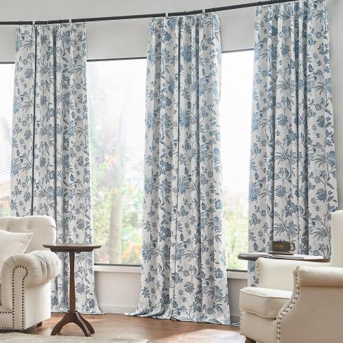 jinchan Pinch Pleated Curtains Blackout Floral Curtains for Bedroom Printed Flower Black Out Drapes, 96 Inches Long Curtain, Back Tab Blue Window Curtain Drapes with Hooks Set 2 Panels