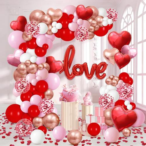191 Pcs Valentine's Day Balloon Garland Arch Kit, Love Foil Letter Balloons Red Pink Rose Gold White Confetti Balloon Decor Heart Shaped Balloons Rose Petals Romantic Party Supplies for Galentines Day