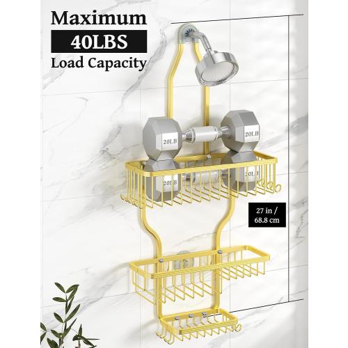 Gold Shower Caddy Over Shower Head Never Rust Aluminum Large Hanging Shower Caddy with 10 Hooks for Razor/Sponge - Over The Shower Head Caddy with Soap Basket - Hanging Shower Organizer Gold