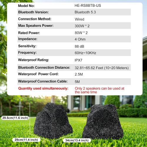 Size 8 1 Pair Color Black Herdio 8 Outdoor Rock Bluetooth Speakers Wired IPX7 Waterproof 600 Watt Resin Material All Weather for Deck Pool Backyard Patio Garden BBQ (1 Pair Black)