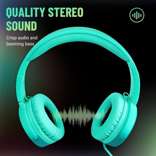 rockpapa Grade Wired Headphones with Microphone, Lightweight Foldable Stereo Bass Headphones with No-Tangle Cord & 3.5mm Jack for Adult/Kids, Laptop Tablet Airplane Chromebooks Teal