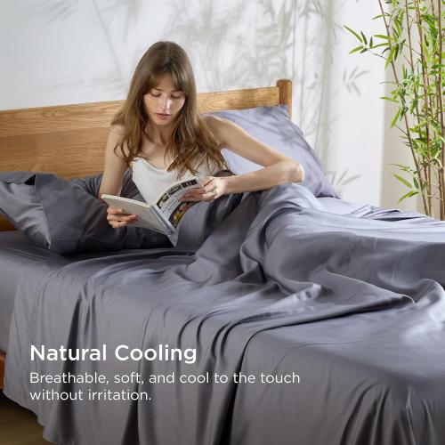 Bedsure Queen Sheet Set, Cooling Sheets for Queen Size Bed Set, Rayon Derived from Bamboo, Breathable & Soft, Deep Pocket Up to 16, Hotel Luxury Silky Bedding for Hot Sleepers, Dark Grey